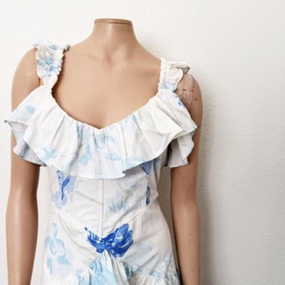 [SABO] White Peony Blue Floral Print Ruffle Mini Dress NWT Fit & Flare Sz Large - Picture 10 of 12
